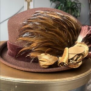 Vintage Brown Cloche Hat with Feather Accent